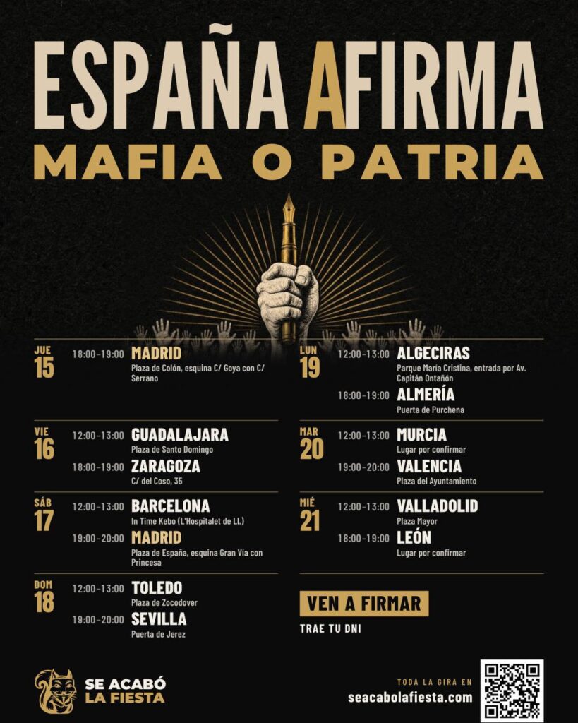 Cartel de la gira de recogida de firmas de SALF por varias ciudades españolas
